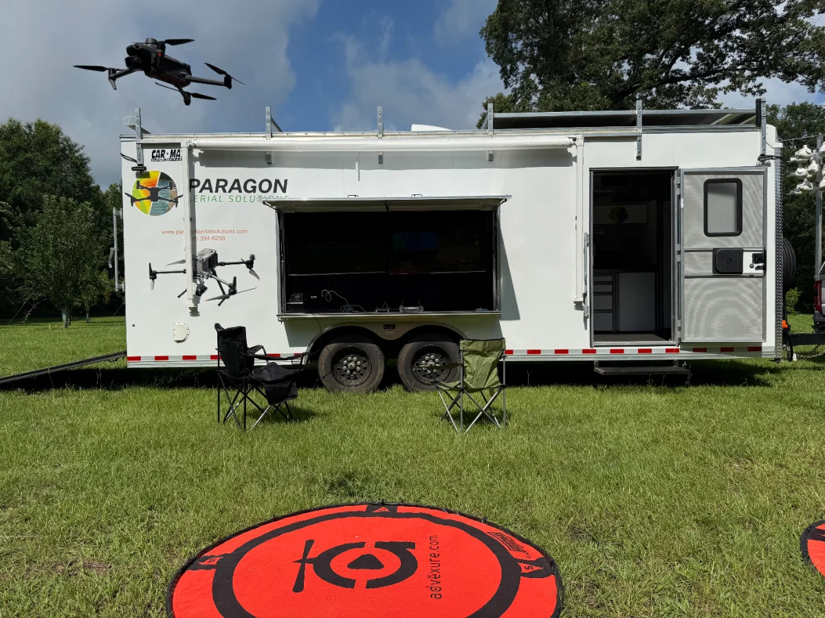 Paragon Aerial Solutions 24-foot mobile command trailer with monitors running during a drone survey